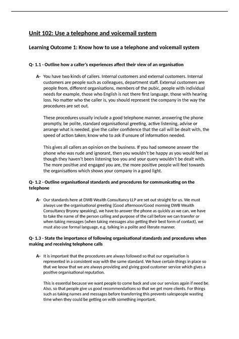 Read Unit 102 Use A Telephone And Voicemail System 