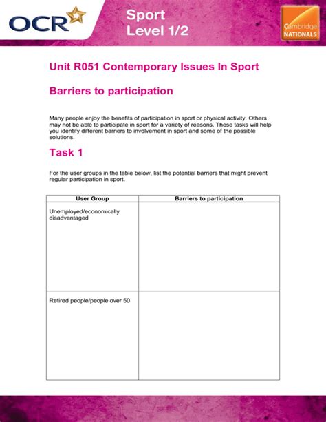 Read Unit R051 Contemporary Issues In Sport Barriers To 