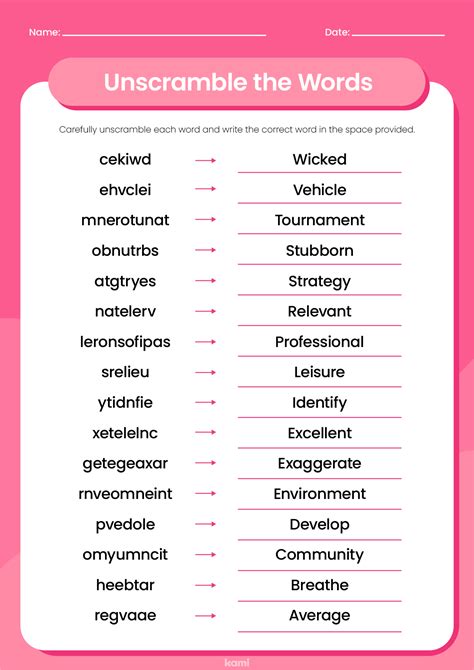 unscramble names key