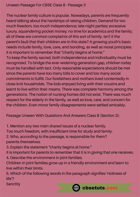Unseen Passages For Class 8 Mcq