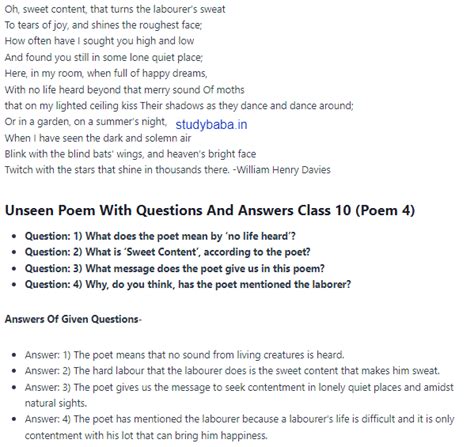 Unseen Poem For Class 10 In English With Poem Comprehension With Questions And Answers - Poem Comprehension With Questions And Answers