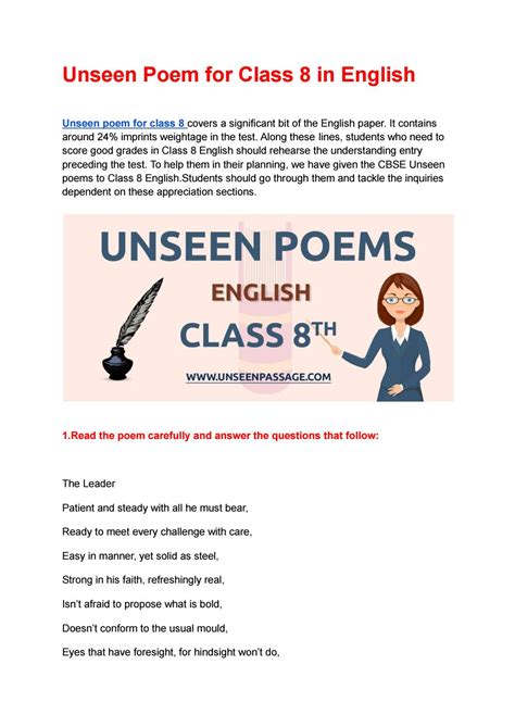 Unseen Poem For Class 4 In English Latest Poetry Comprehension For Grade 4 - Poetry Comprehension For Grade 4
