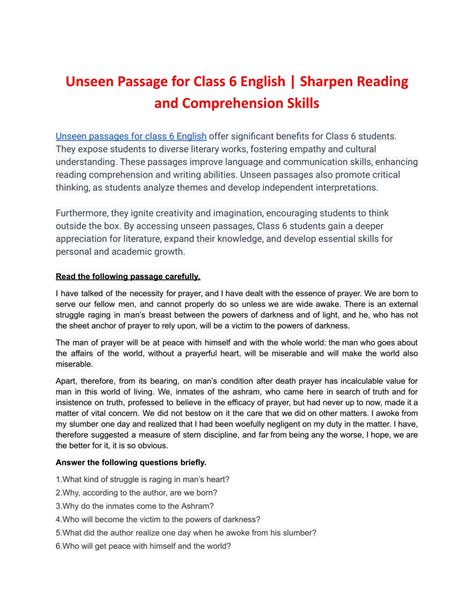 Read Online Unseen Passages For Class 6 In English 
