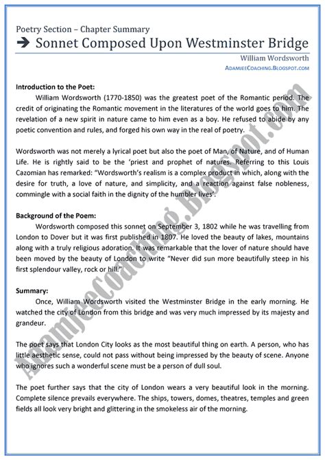 Upon Westminster Bridge Summary