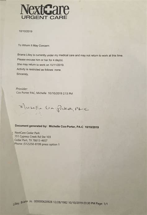 Urgent Care Doctors Note