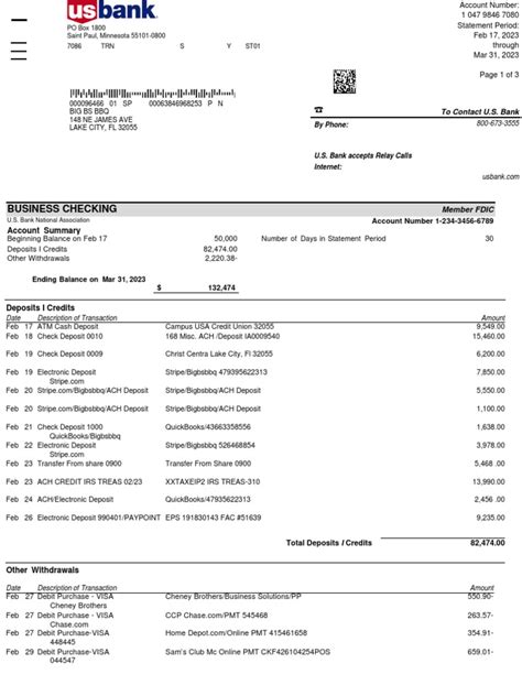 us bank checking account statement template