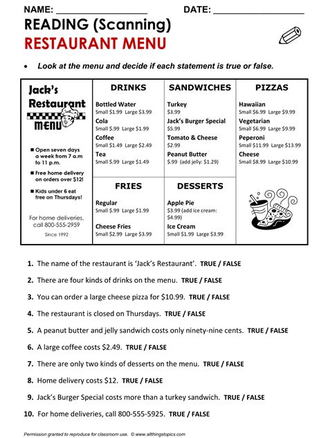 Using A Restaurant Menu Reading Comprehension Worksheet Restaurant Math Worksheets - Restaurant Math Worksheets