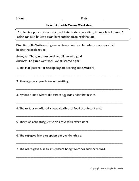 Using Colons Worksheets Reading Worksheets Spelling Grammar Colon Worksheet High School - Colon Worksheet High School
