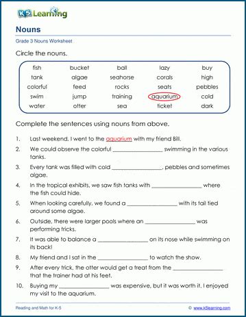 Using Nouns In Sentences Worksheets K5 Learning Noun Worksheets 3rd Grade - Noun Worksheets 3rd Grade