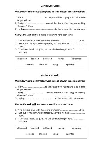 Using Powerful Verbs Teaching Resources Using Strong Verbs Worksheet - Using Strong Verbs Worksheet