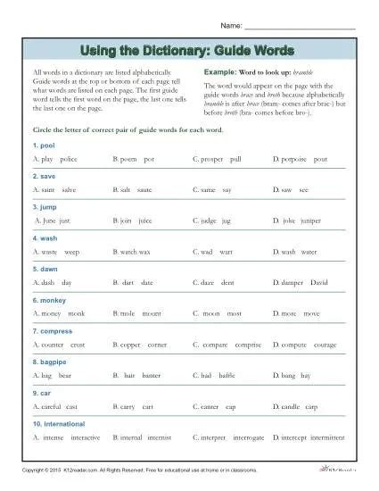 Download Using Dictionary Guide Words Worksheet 