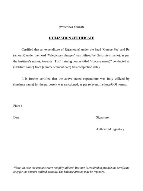 Utilization Certificate Format