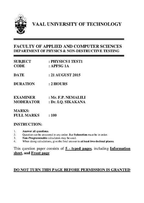 vaal university form 2015