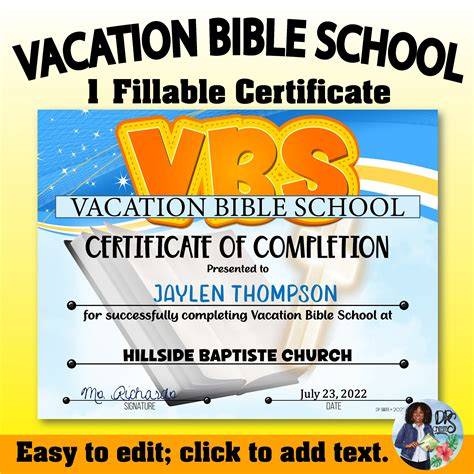 vacation bible school certificate template
