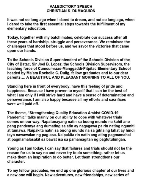 Valedictory Speech For Basic 6 Pupils