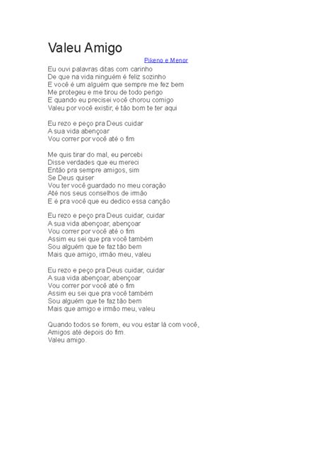 Valeu Amigo Letra