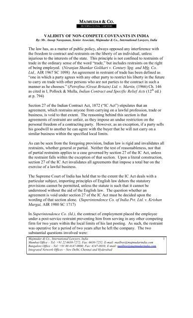 Validity Of Non Compete Covenants In India