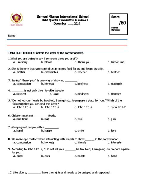 Values Education Sample Test Questions