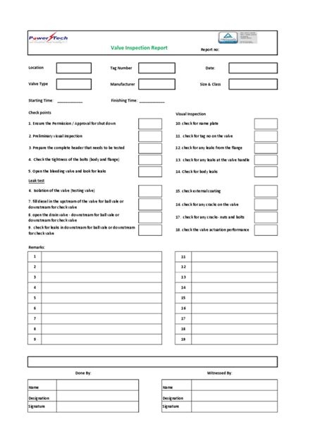 Valve Inspection Checklist