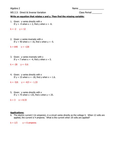 Variation Word Problems Worksheets Direct Inverse Joint Combined 7th Grade Inverse Variation Worksheet - 7th Grade Inverse Variation Worksheet
