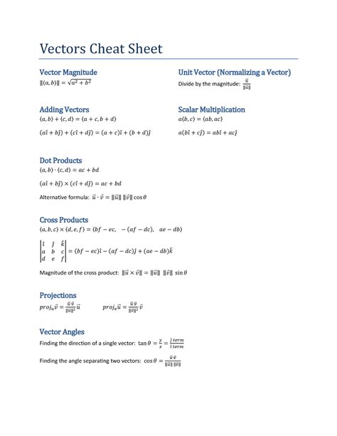 vector calculus cheat sheet