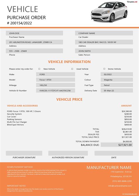 vehicle purchase order template excel