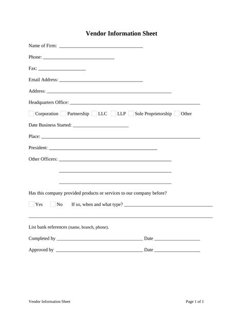 vendor information sheet template
