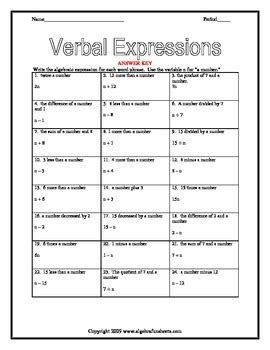 Verbal Expressions Worksheet   Verbal Expressions Math Worksheet - Verbal Expressions Worksheet