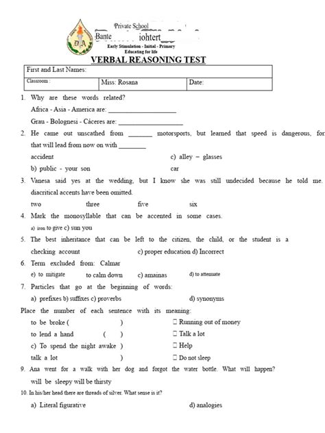verbal reasoning practice 5th grade