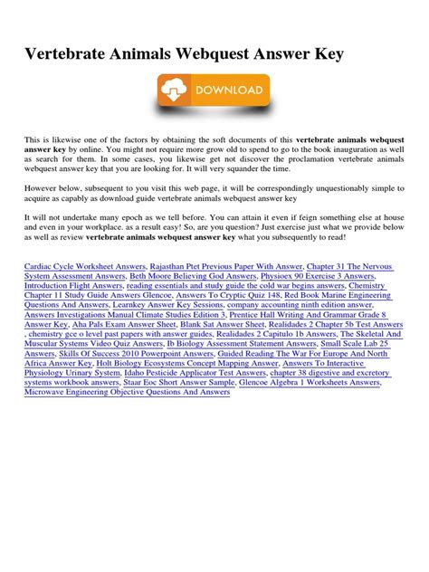 vertebrate animals webquest answer key