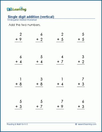 Vertical Addition To 20 Worksheets K5 Learning Vertical Addition Worksheets For Kindergarten - Vertical Addition Worksheets For Kindergarten