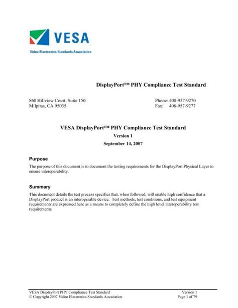 Read Vesa Displayport Phy Compliance Test Standard Version 1 