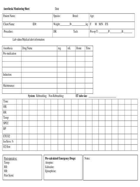 veterinary anesthesia monitoring sheet