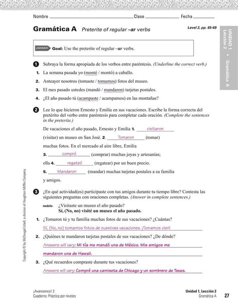 Vhlcentral Answer Key Leccion 3