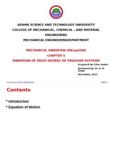 Vibration Of Multi Degree Of Freedom Systems