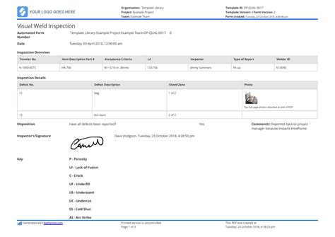 visual weld inspection report template
