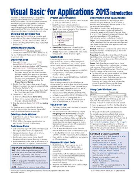 Full Download Visual Basic For Applications Vba 2013 Quick Reference Guide Introduction Cheat Sheet Of Instructions Tips Examples Laminated 