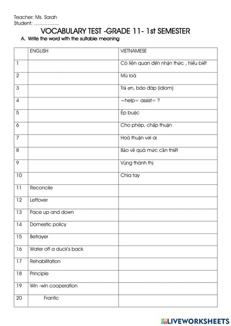 Vocabulary Grade 11 Semester 1st Worksheet Liveworksheets Com Grade 11 Vocabulary Worksheets - Grade 11 Vocabulary Worksheets