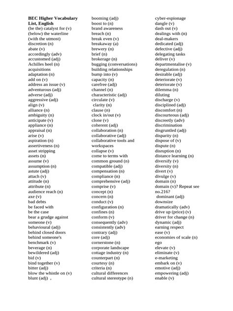 vocabulary list bec higher