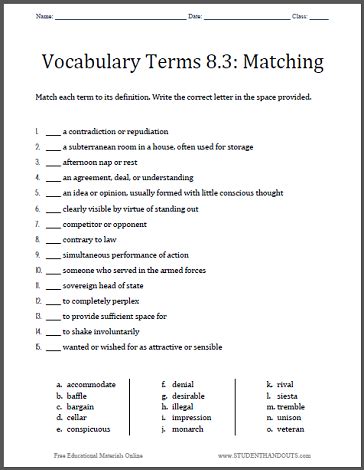 Vocabulary Terms 8 3 Matching Worksheet Student Handouts Matching Worksheet For 8th Grade - Matching Worksheet For 8th Grade