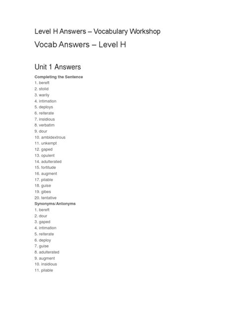 Vocabulary Workshop Level H Unit 6 Synonyms Wordpress
