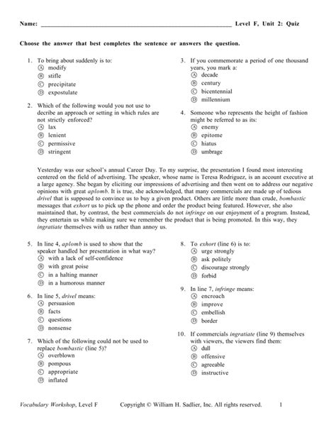 Read Vocabulary Workshop New Edition Level F Answers 