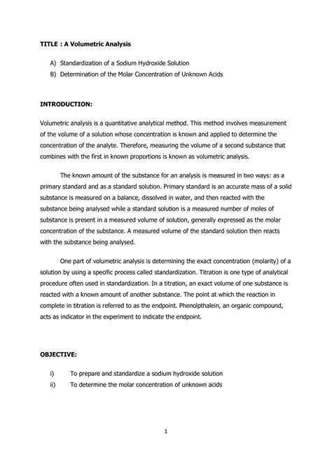 Volumetric Analysis Lab Report
