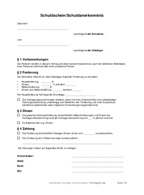 Vorlage Für Schuldschein