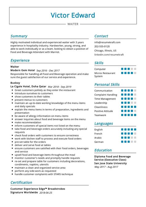 Waiter Resume Sample
