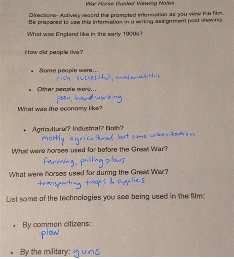 War Horse Guided Viewing Notes Answers Pdf Shoufuore