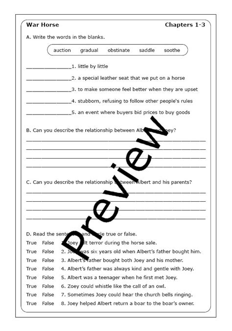 War Horse Worksheets
