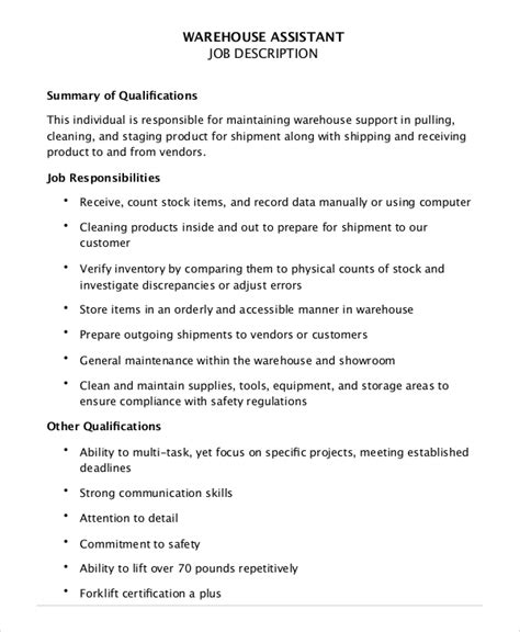 Warehouse Assistant Job Description
