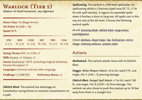 Warlock Stat Block 5e Tier 2