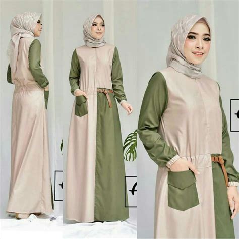Warna Khaki Hijab  Baju Gamis Long Dress Hijab Warna Kombinasi Modern - Warna Khaki Hijab